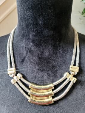 Silver Gold Tone Multi Strand Geometric Statement Necklace Modern Fashion